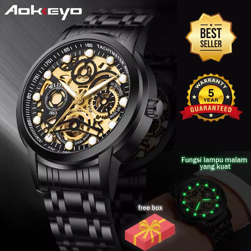 jam tangan pria AOKEYO Jam Tangan Pria 4088 Original Kuarsa Kalender Tali Stainless Steel Jam Tangan