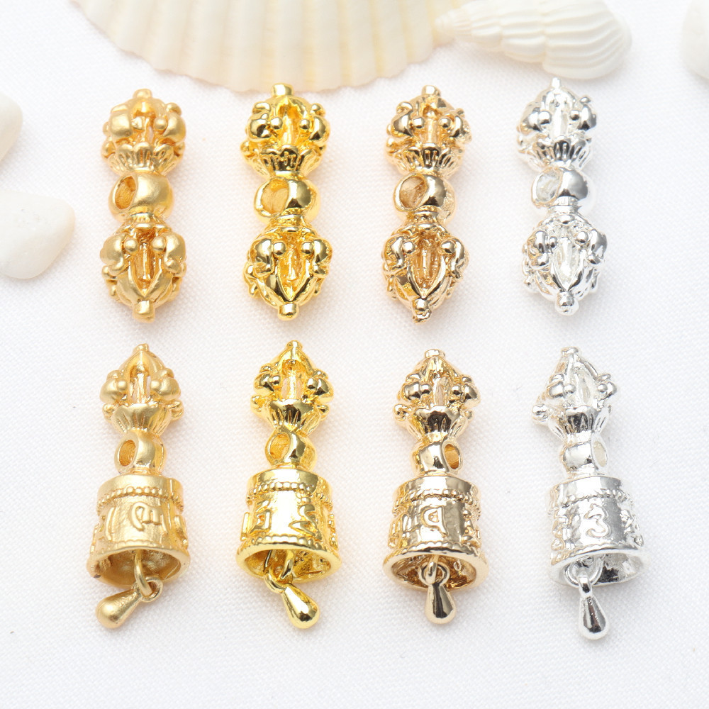 (10 harga) Bahan perhiasan DIY emas 18K kuno, bel alu ajaib, alu vajra, gelang manik-manik Buddha, g