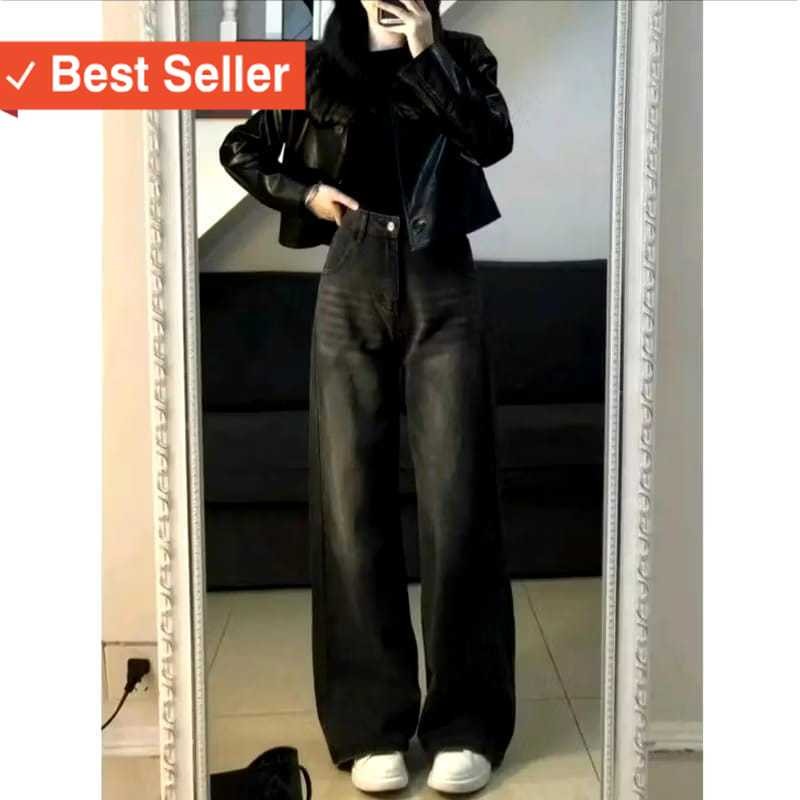 Bahan Premium Termurah / Celana Panjang Wanita Jeans Pants Korean Style Gombrang Warna Hitam Wisker 