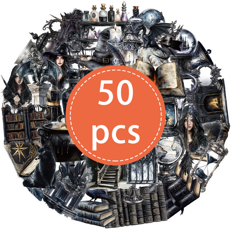 

50PCS Vintage Gothic Witch Sticker Pack Transparent Art Magic Witch Aesthetic Cartoon Decal Kid Toys Laptop Phone DIY Stationery