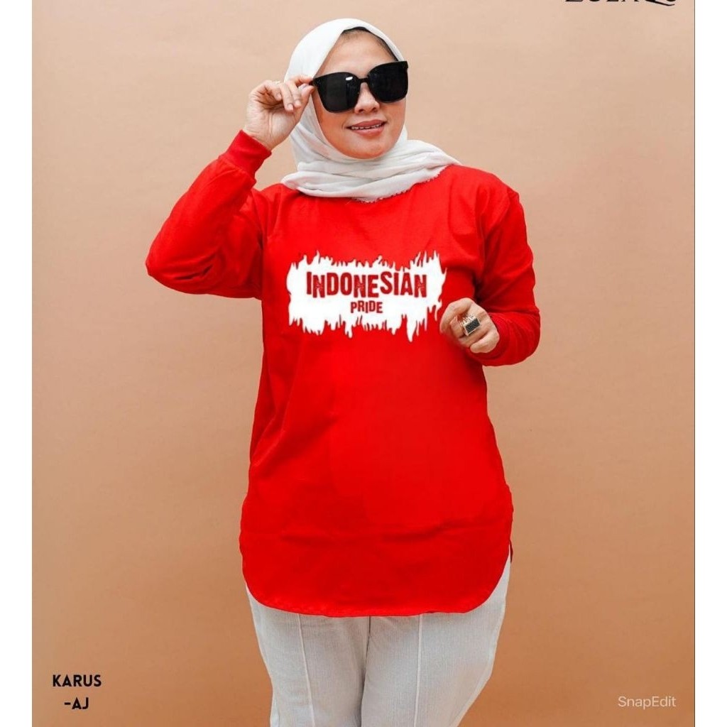 Kaos T-SHIRT Merah Putih Wanita ZOLAQU Lengan Panjang Size M L XL XXL XXXL Original