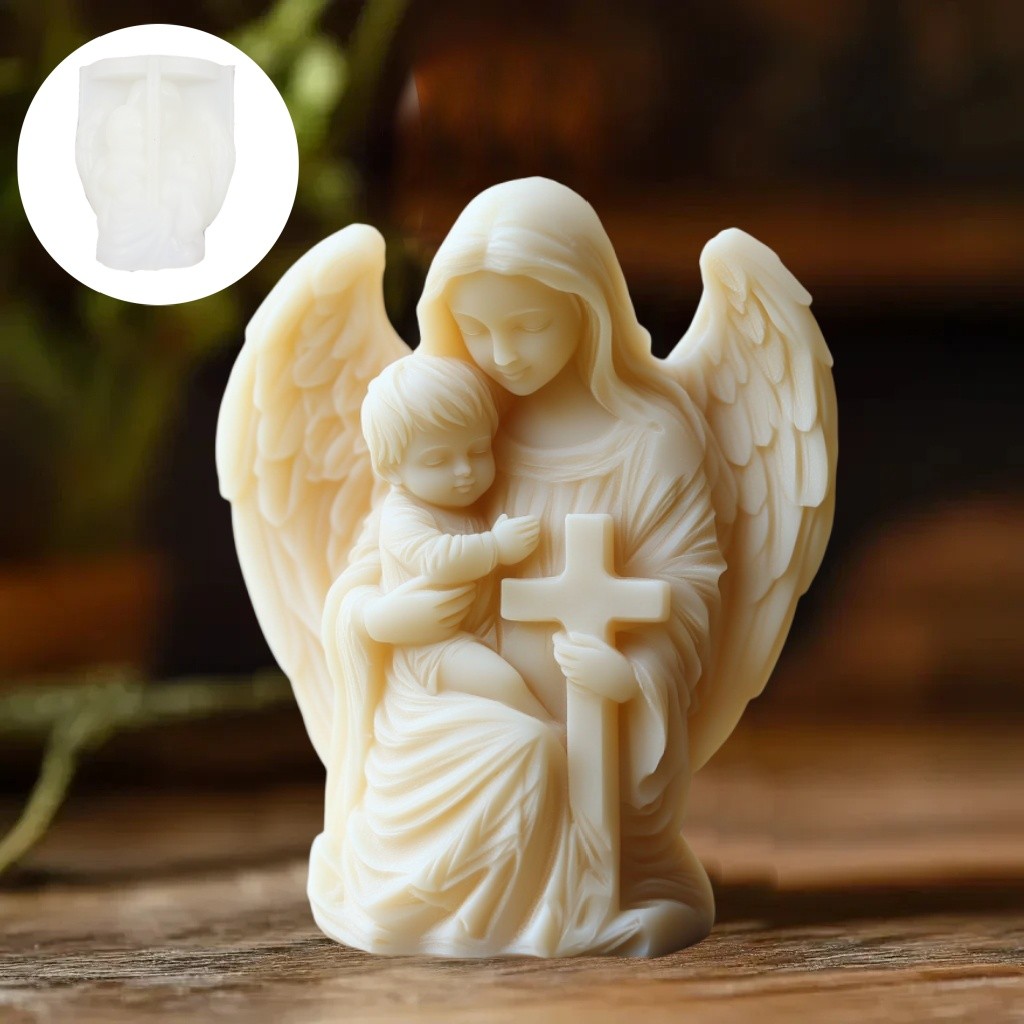 

Virgin Mary holding angel baby silicone mold Goddess with wings Angel candle mould Mary embracing Angel Cross Resin gypsum molds