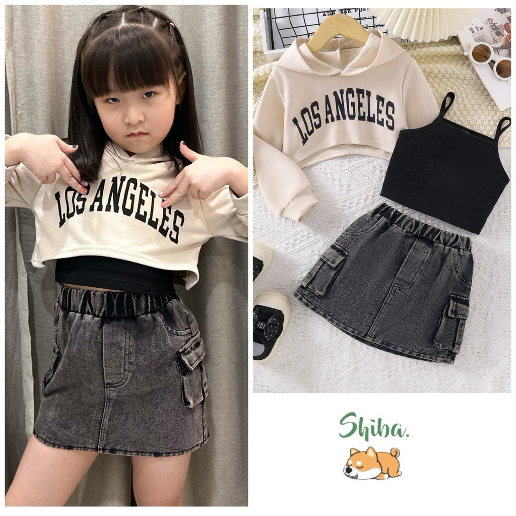 (2-7 Tahun) Setelan Baju Rok Anak Perempuan Import | LA Set Set Sweater Tanktop Rok Jeans Cargo Anak