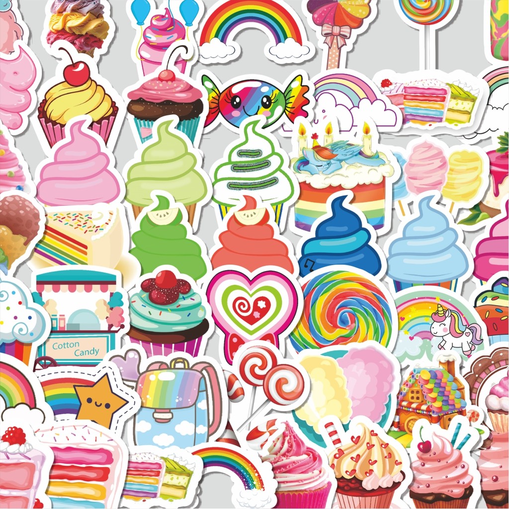 

Stiker Cutting Pack Stiker Rainbow Candy Lollipop Cupcake Dessert [Makanan Penutup Cupcake Permen Lolipop] Isi 100Pcs Series Aesthetic Lucu Keren Untuk Koper Bahan Vynil