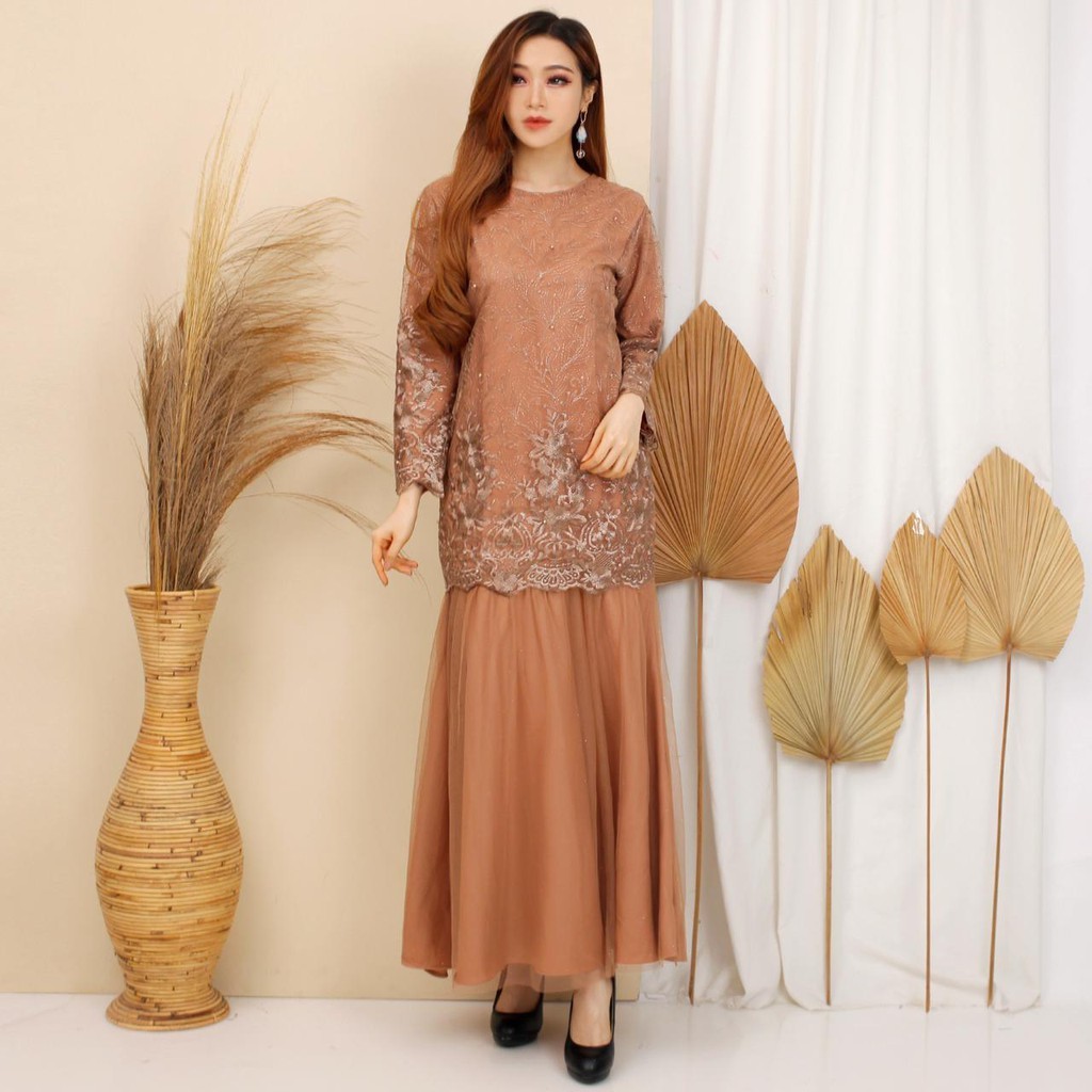 (FULL BRUKAT) Gamis Prilly Tille Duyung Premium Maxi Dress Brukat Tulle Bordir Gliter Fashion M