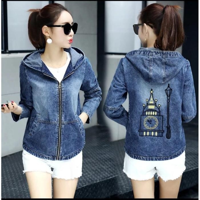 JAKET JEANS HOODIE WANITA LENGAN PANJANG RITSLETING BELAKANG BORDIR - XL, DARK SNOW 874