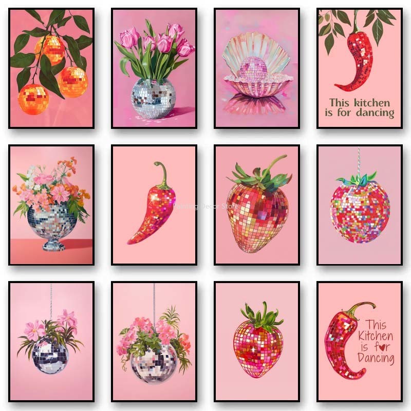 

Retro Abstract Fruit Disco Ball Orange Miorrorball Creative Poster Canvas Paintings Wall Art Pictures Kitchen Home Room Decor