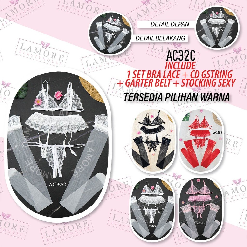 Stocking + Bra Set Cd G String + Garter Belt Lace Semi Transparan Putih Ac32C