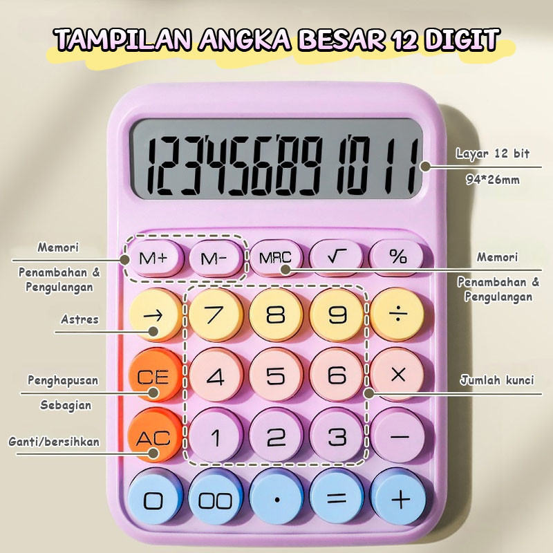 

Kalkulator Korea 12 Digit - Desain Pastel Kawaii, Keyboard Dot Mekanik, Display Jelas Lucu Calculator
