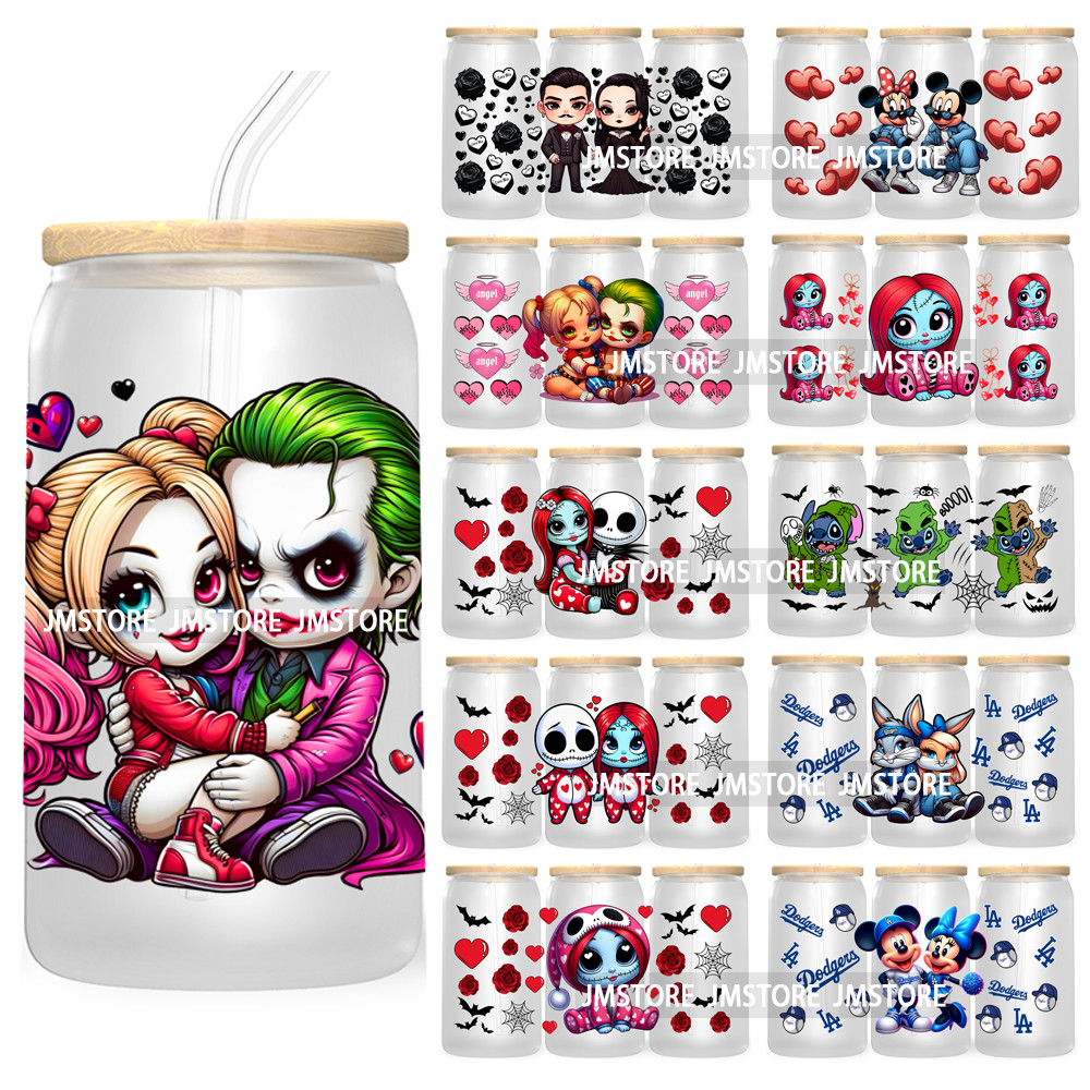 

Halloween Cartoon Couple 16OZ UV Cup Wrap DTF Transfer Stickers For Libbey Glass Can Cups Tumbler Waterproof Labels Mouse Hearts