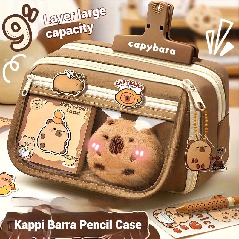 

7Pcs Cute Capybara Canvas Pencil Case Set with Doll Stickers Spacious Layered Compartment Zipper Closure Back to School Supplies