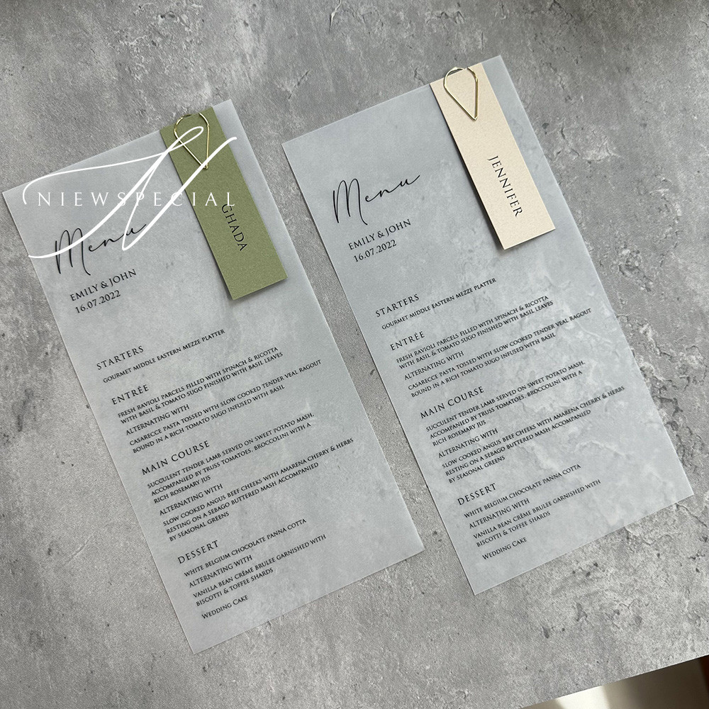 

Wedding Menus Minimalist Custom Content Vellum Paper with Optional Colors Name Tags and Clips or Ribbons