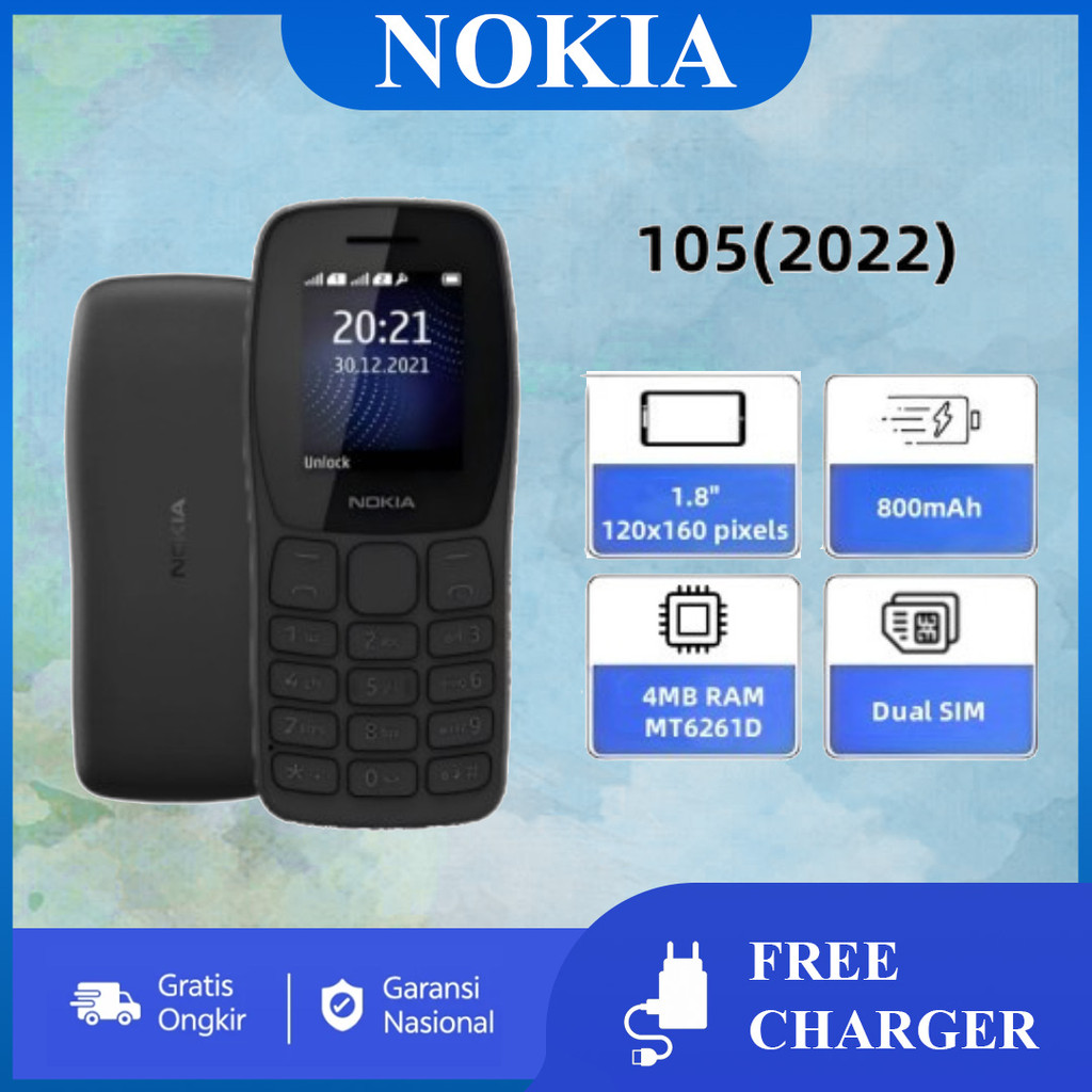 HP Murah Cuci Gudang Nokia 105 (2022) Handphone C Dual SIM, Baterai Tahan Lama 1020mAh, Layar 1.77"
