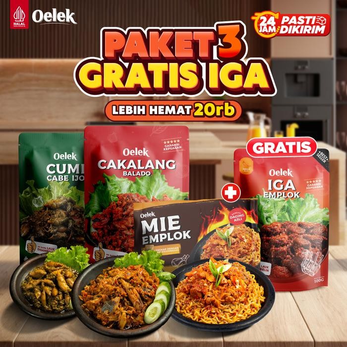 

[TERLARIS] [Beli 3 Gratis 1 Iga] Oelek Promo Spesial Gratis IGA 1 Pouch isi Lauk Cumi Cabe Ijo / Ceker Emplok + Cakalang Balado + Mie Emplok Ayam Kecombrang Pedas Nagih Mercon Gurih Lauk Di sambelin - Paket Ceker, Mie Kecombrang[TERLARIS ]