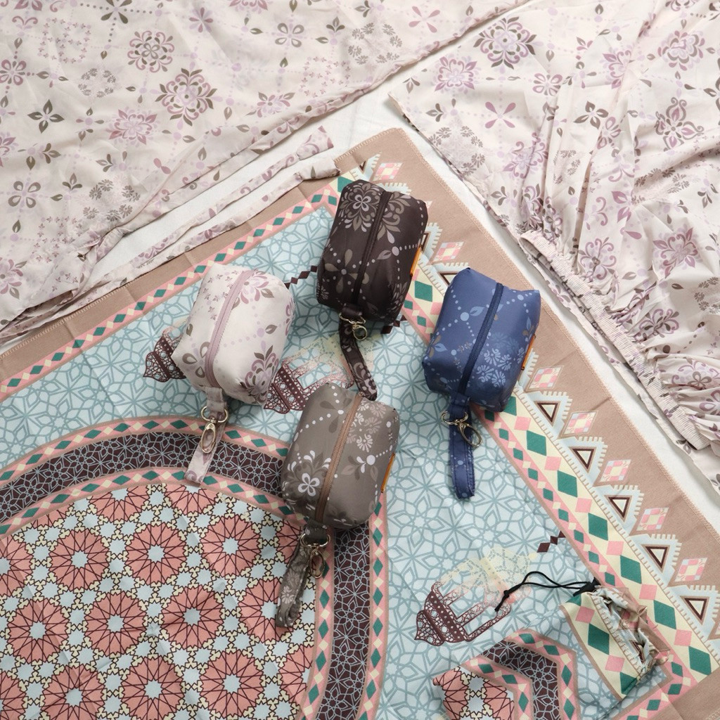 Full Set Mukena Parasut Premium Motif 2in1 + Sajadah traveling Kashmeer Mini Pouch