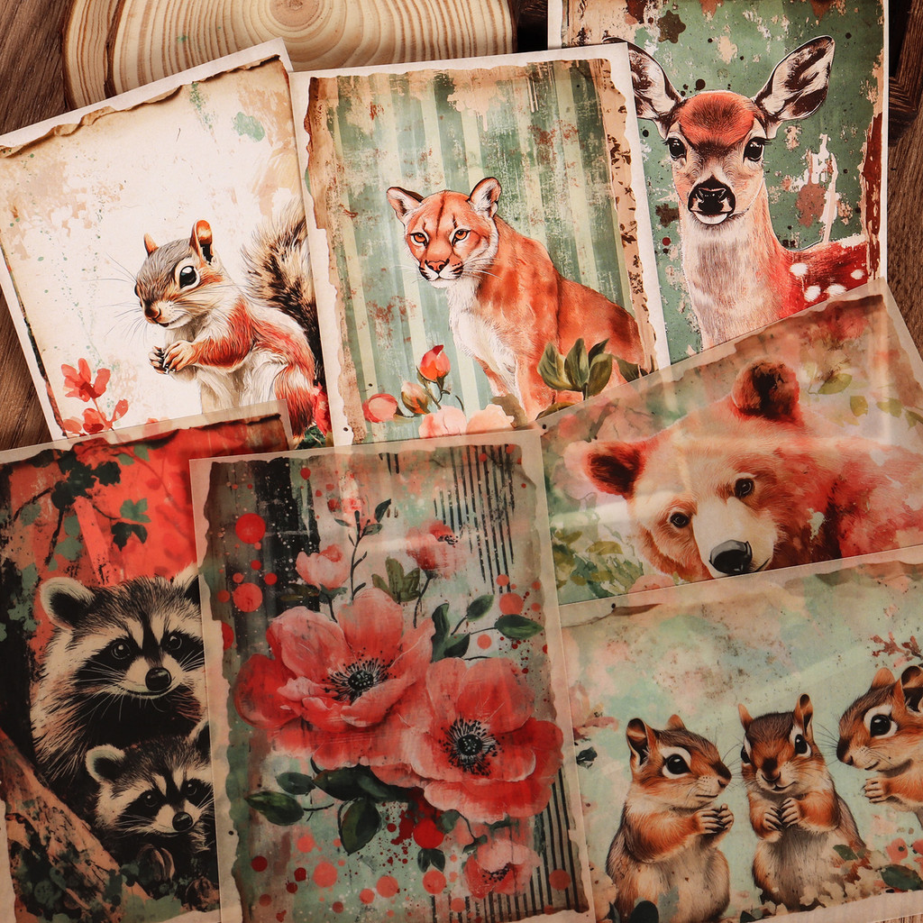 

8 Transparent Sulfuric Acid Paper and 36stickers Watercolor Animal DIY Scrapbook Decoration Paper, for Arts Crafts,Junk Journals