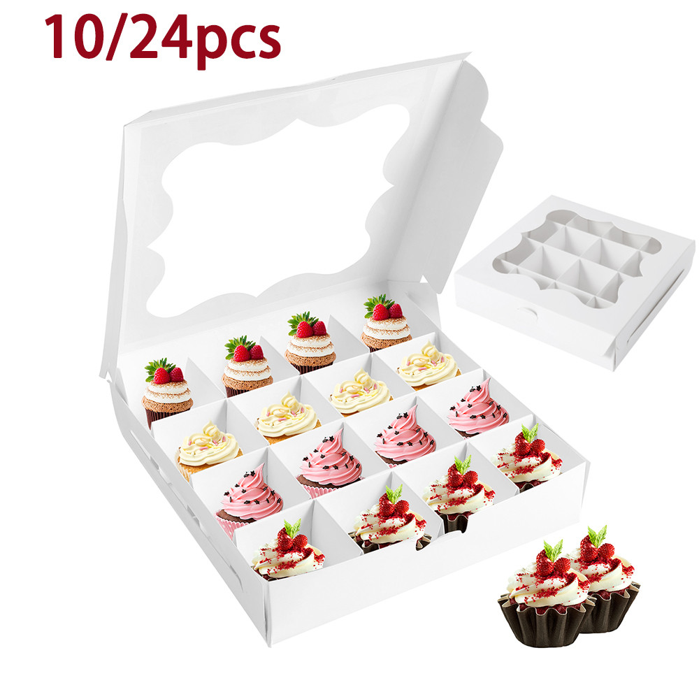 

10/24Pcs Fold Cupcake Box 16-Grids Cake Box with Clear Window Square Cardboard Cake Box for Party Desserts Pastries Chocolates