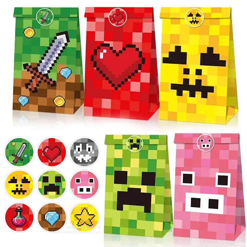 

12pcs MineCraftion Kraft Gifts Bags Party Candy Snack Packing Paper Bag Kids Birthday Baby Welcome Cake Cookie Storage Paper Box