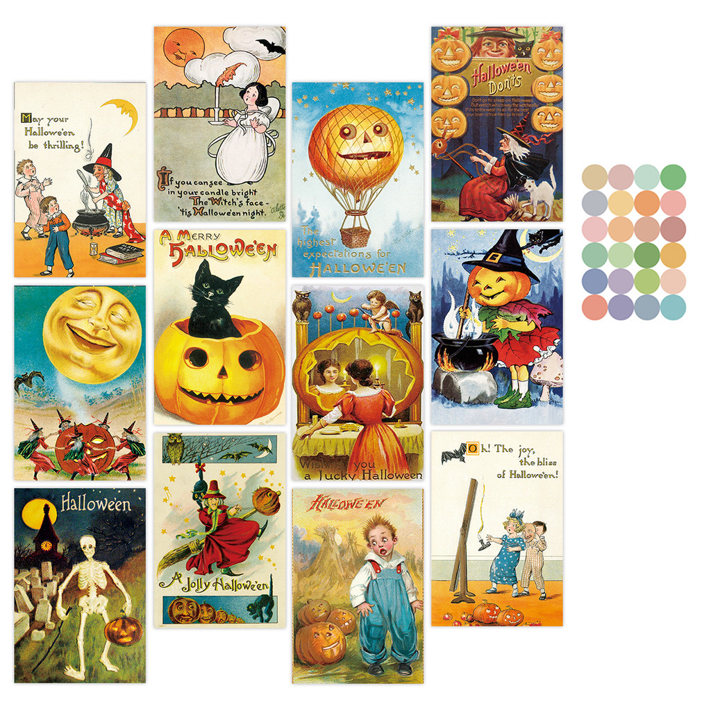 

12pcs Halloween Retro Postcard Wall Cards-Pumpkin Lantern,Witch,Black Cat Design,Party Card Invite,Festive Atmosphere Wall Decor