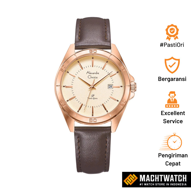 Jam Tangan Wanita Alexandre Christie Primo Steel AC 1011 LD LRGLN Ladies Rose Gold Dial Brown Leathe