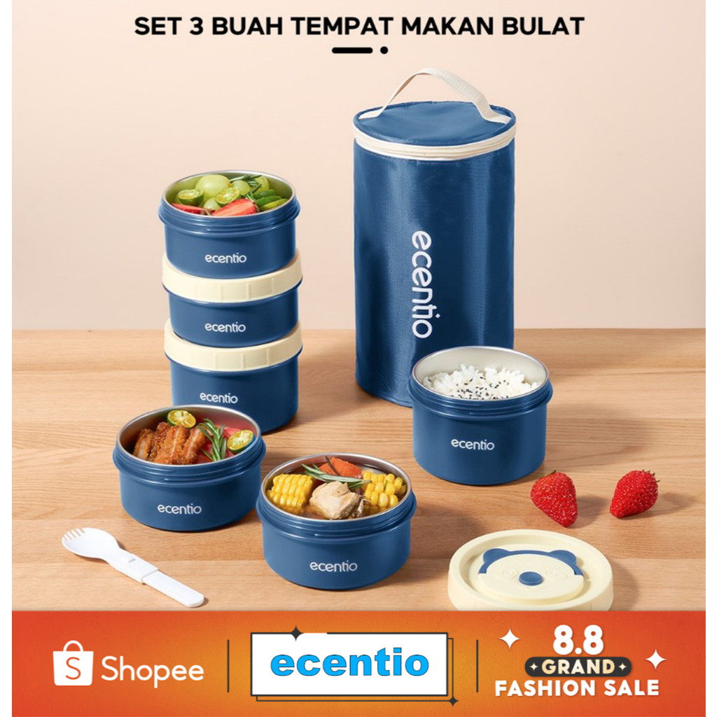 ecentio Tempat Bekal Makanan Tahan Panas Stainless Bekal Makan Set 3pcs Jepang Round Stainless Lunch