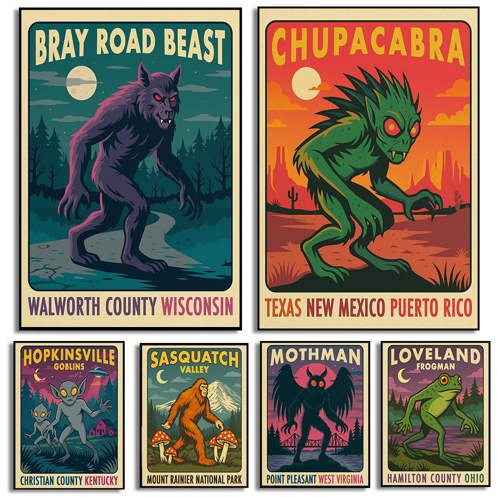 

National Park Cryptid Travel Posters Paranormal Creatures Prints Canvas Painting Wall Art Pictures Home Room Mysterious Decor