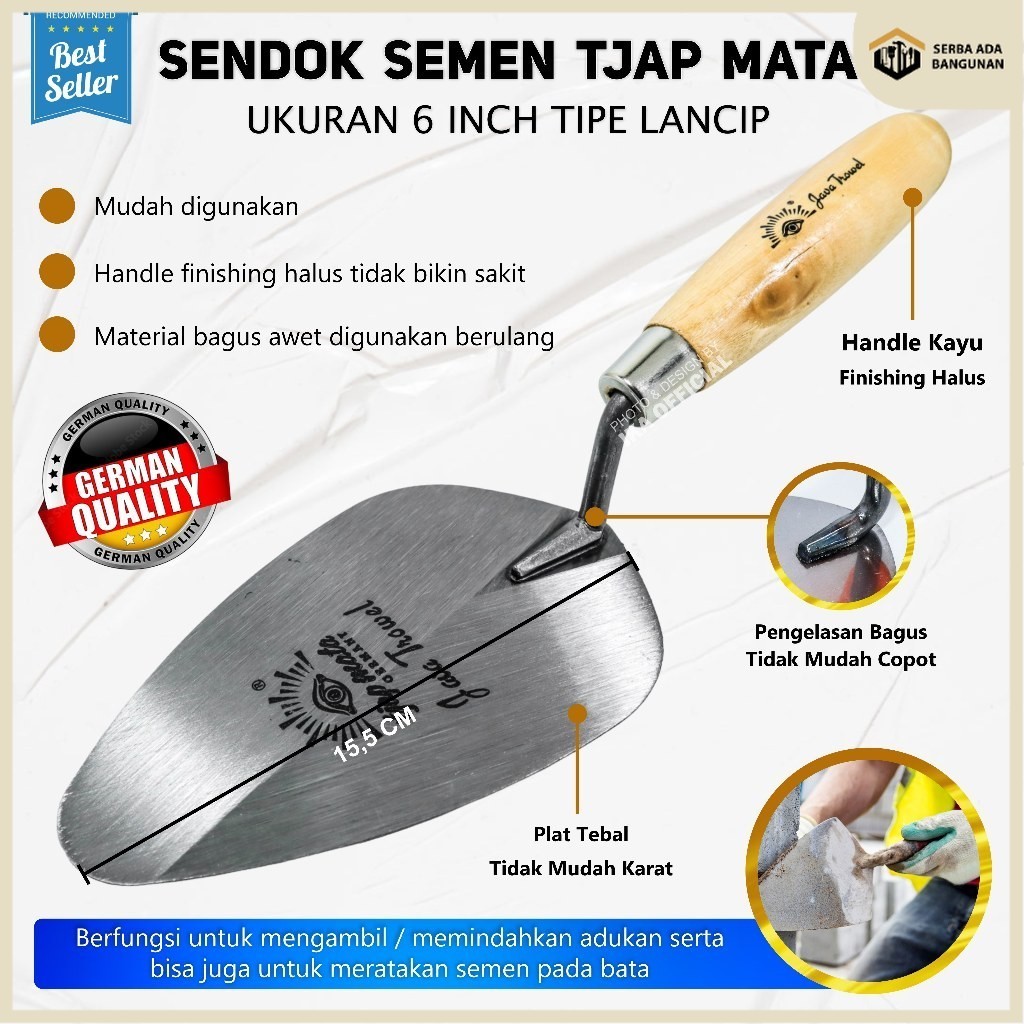 SAB Tjap Mata Sendok Semen Lancip 6" Stainless Gagang Kayu Model ProfilSendok Semen Gagang Kayu Bula