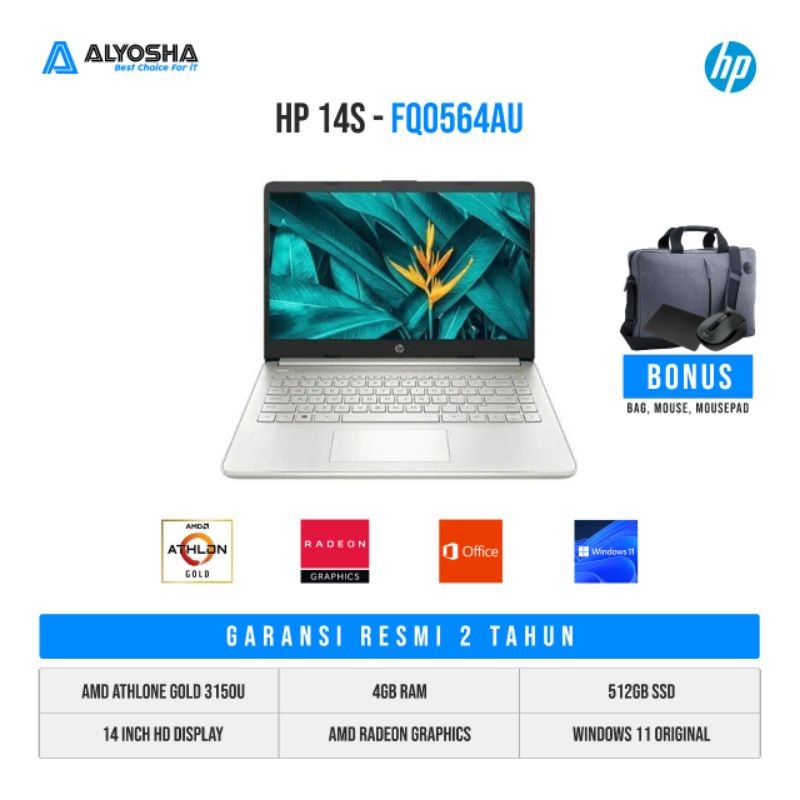 HP 14s fq0564AU | AMD Athlon Gold 3150U | 4GB | 512GB | WIN ORIGINAL + OHS ORIGINAL