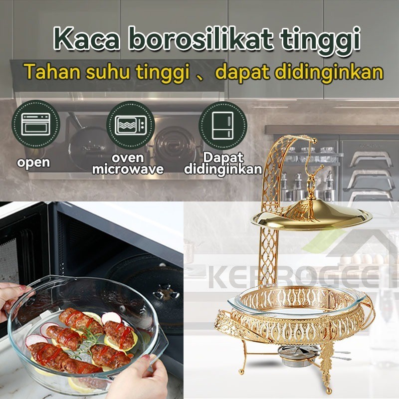 2L/3L Food Warmer Wadah Kaca Tebal Gold Gold Rolltop Hanging chafing Cover Chafer Perasmanan Pernika