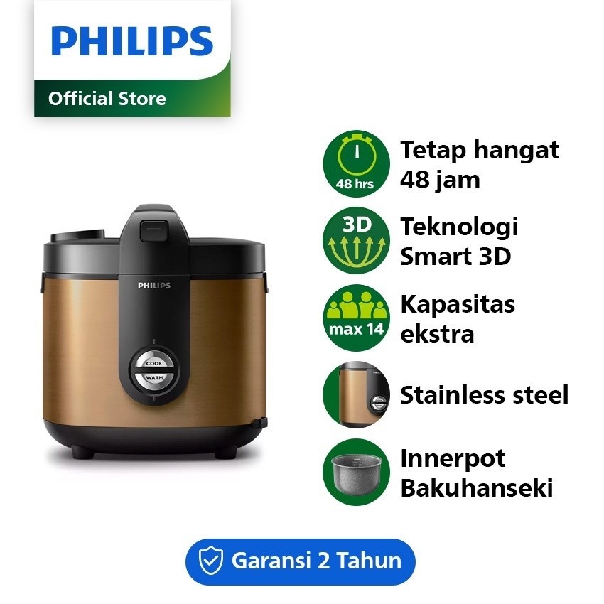 PHILIPS 2L Rice Cooker HD3138/34 - 400Watt Penanak Nasi Analog, Bakuhanseki Pot, emas, mejikom magic