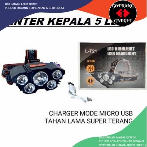 

L-T21 SENTER KEPALA 5 LED 50 WATT RECHARGEABLE 3 MODE CAHAYA - SENTER KEPALA CAS 5LED 50WATT