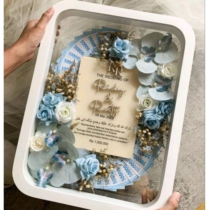MAHAR PERNIKAHAN BUNGA ANGGREK, MAHAR KIPAS UANG FRAME PIGURA PUTIH