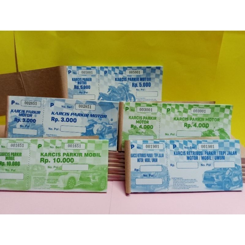 

KARCIS PARKIR NOMINAL 3 RIBU, 4 RIBU,5 RIBU, 10 RIBU MOTOR&MOBIL [ADA NOMER URUTNYA/NOMER SERINYA] ISI 50 LEMBAR