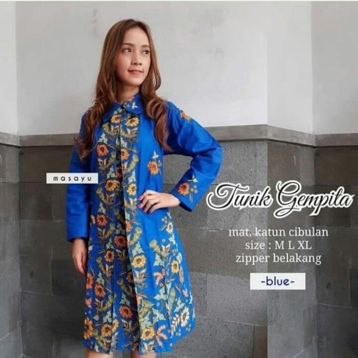 Tunik Batik Wanita Baju Atasan Modern - Biru, All Size