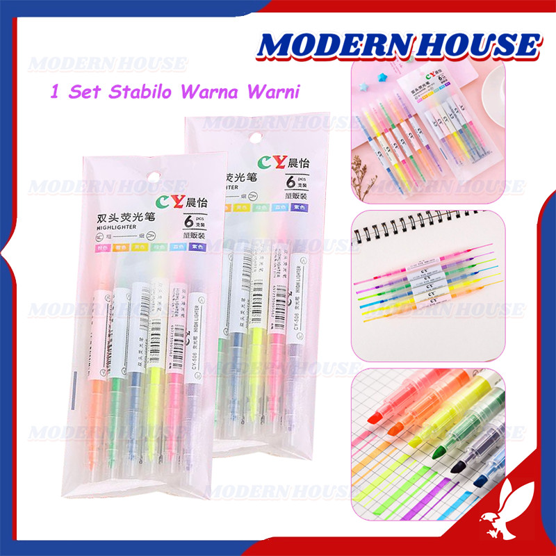 

1 Set Stabilo Highlighter Warna / highlighter stabilo warna warni isi 6pcs / pensil stabilo panjang warna 2 sisi