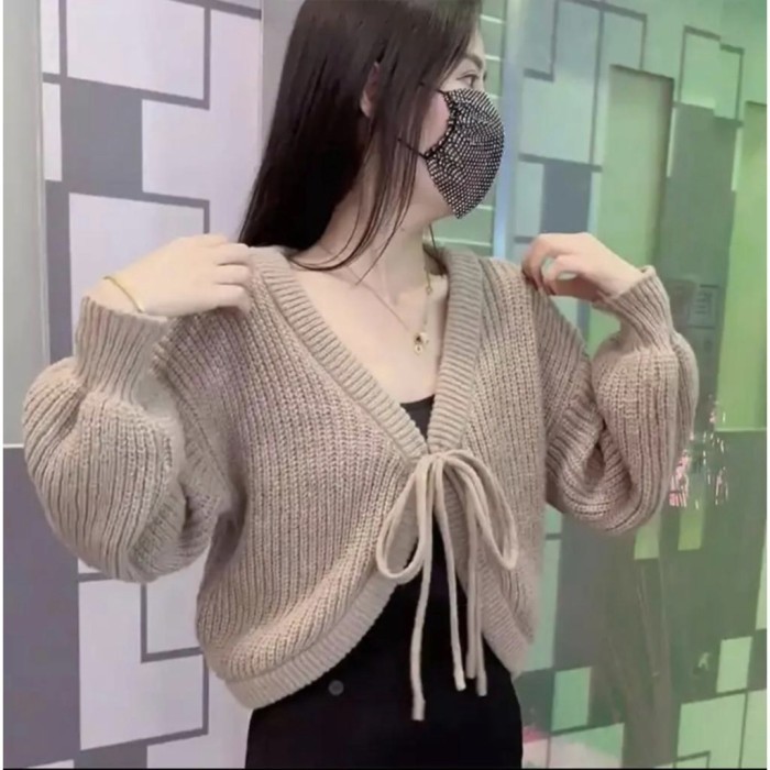 Baju rajut wanita korea korean style warna cream tali depan cardigan