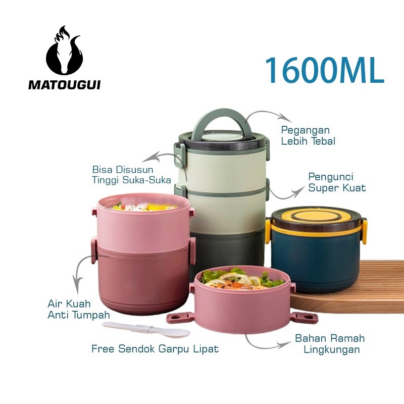 MATOUGUI - Lunch Box Kotak Makan 1600ml / tempat mankan 2 layer lunch box double-layer siang bulat /