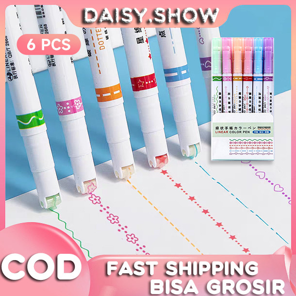 

6Pcs/Set Spidol Garis Aesthetic Warna Warni Motif Lucu Pulpen Roller Pen Higlighter Line Marker Alat Tulis Kantor
