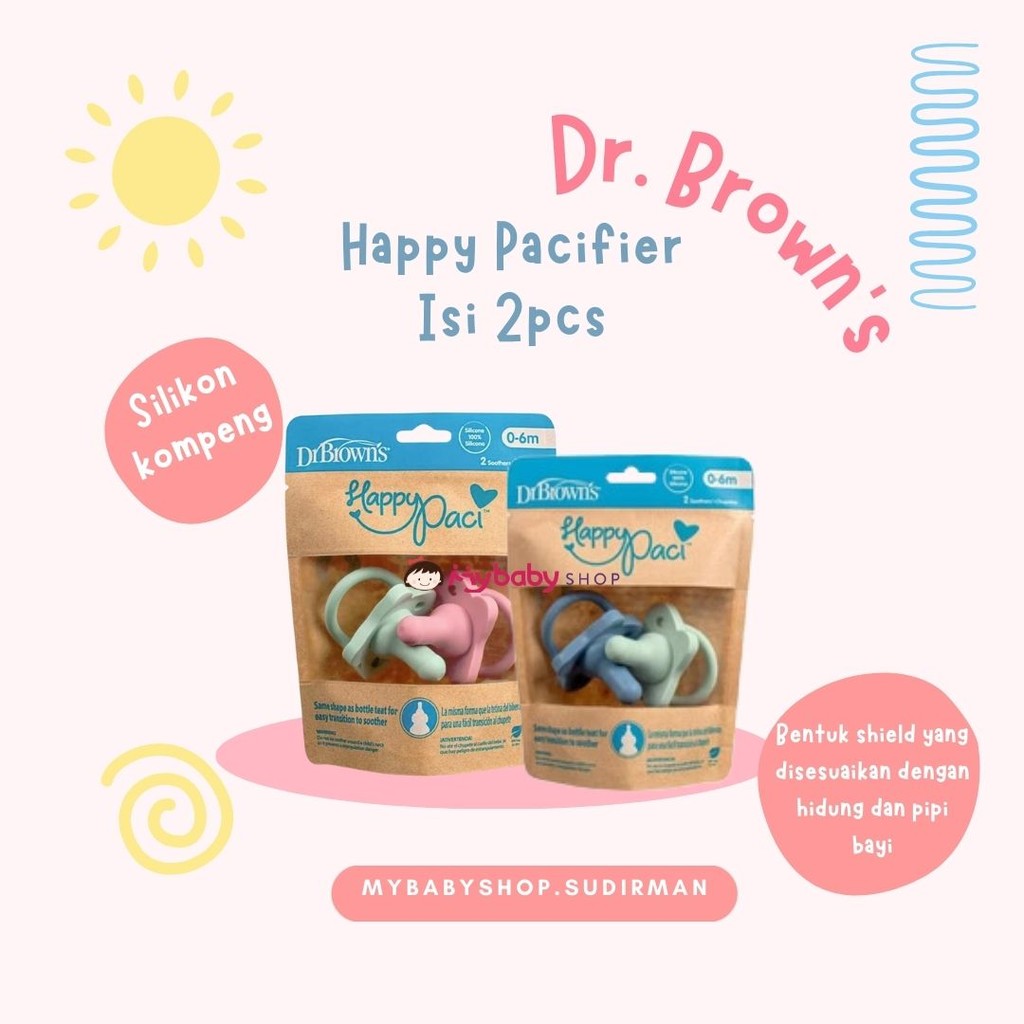 Dr Brown's - Happy Paci Silicone Pacifier isi 1 & isi 2pcs / kompeng bayi / Dr Browns Kompeng Siliko
