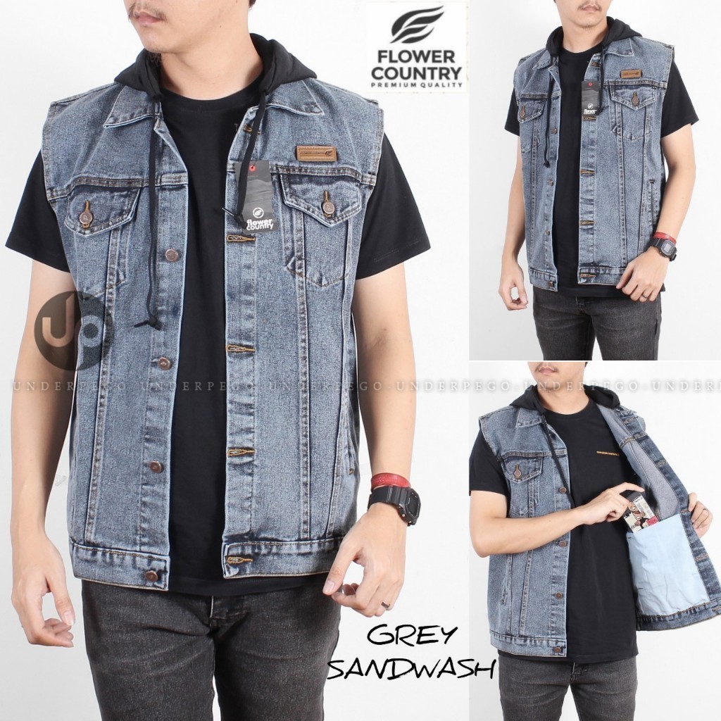 UNDERPEGO - Rompi Jeans Hoodie Pria Big Size Rompi Denim Hoodie Cowok Oversize
