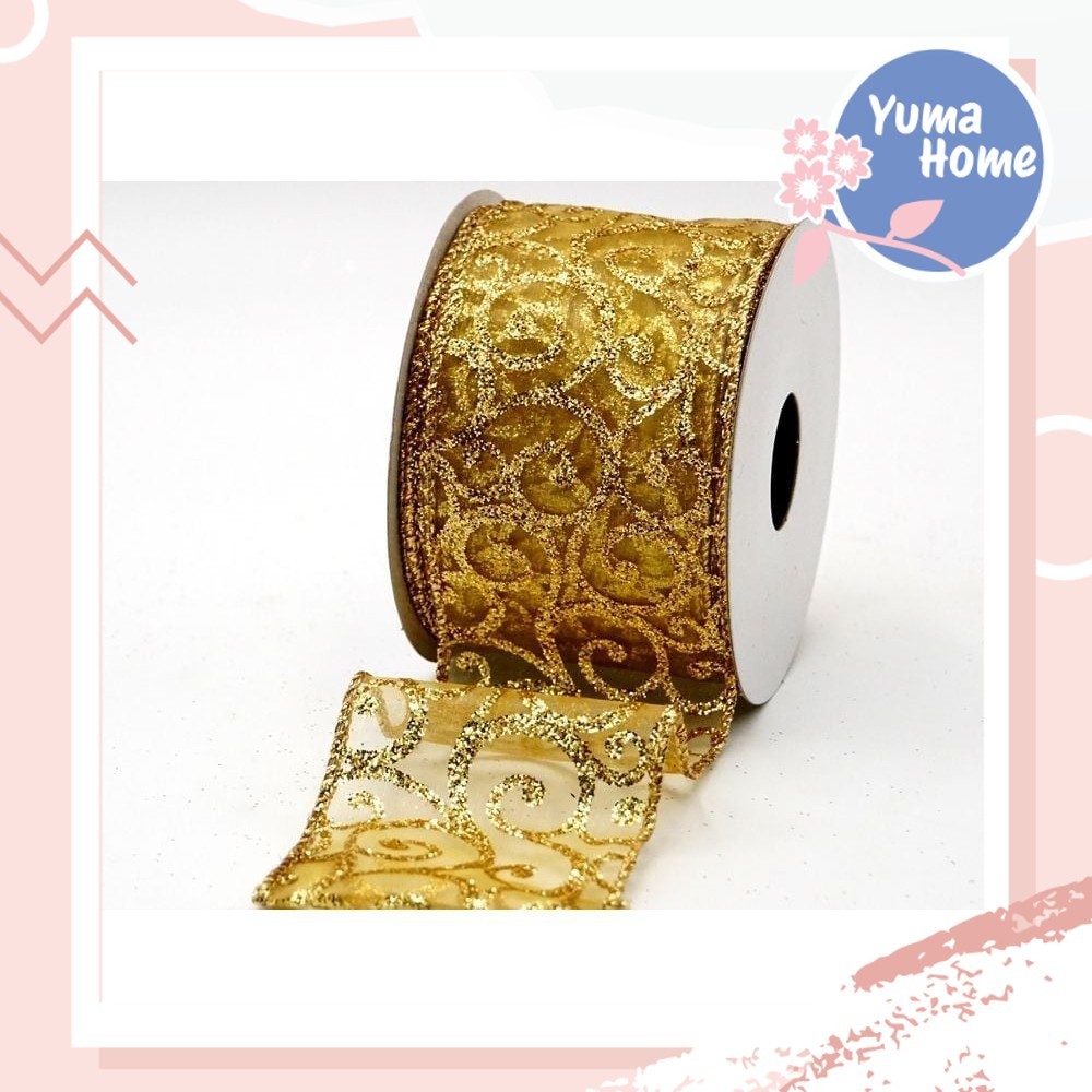 

Yuma Pita Ribbon Kawat / Pita Hiasan Kado Hampers / Pita Ribbon Kawat Lebar 6.5 Cm Warna Gold / Pita Gliter