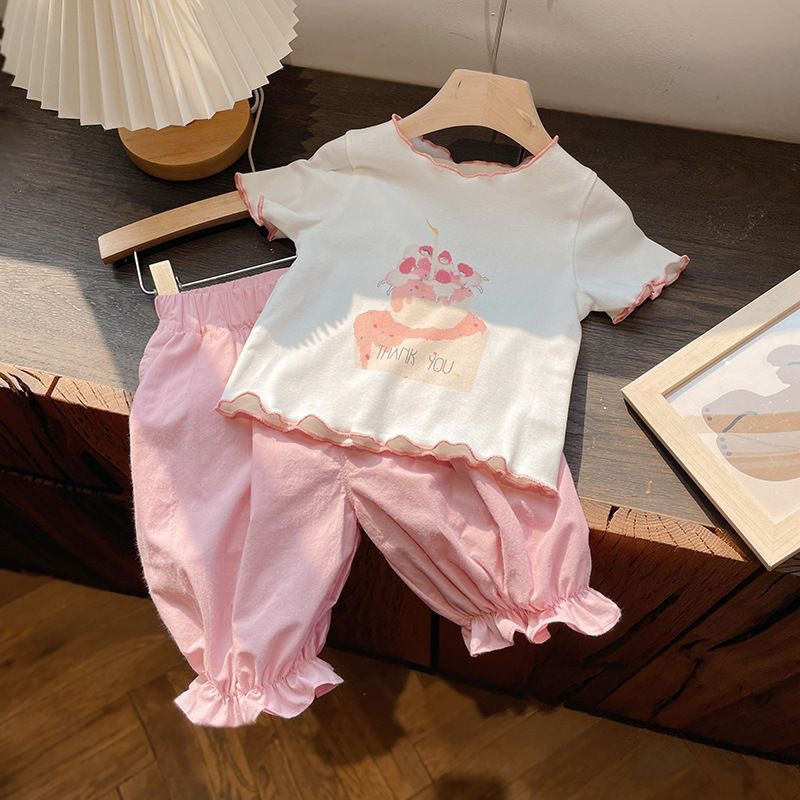 

2024 Girls Cute Sets Baby Short-Sleeved Top Pants 2-Piece Summer New Children's Cartoon Printing Casual Comfortable Suit 2-8Y