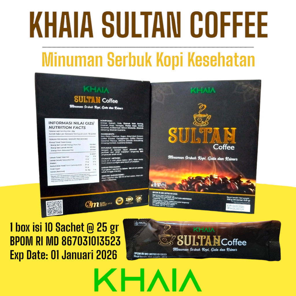 

KOPI SULTAN KHAIA 1 BOX ISI 10 SACHET ORIGINAL KHAIA DISTRIBUTOR RESMI