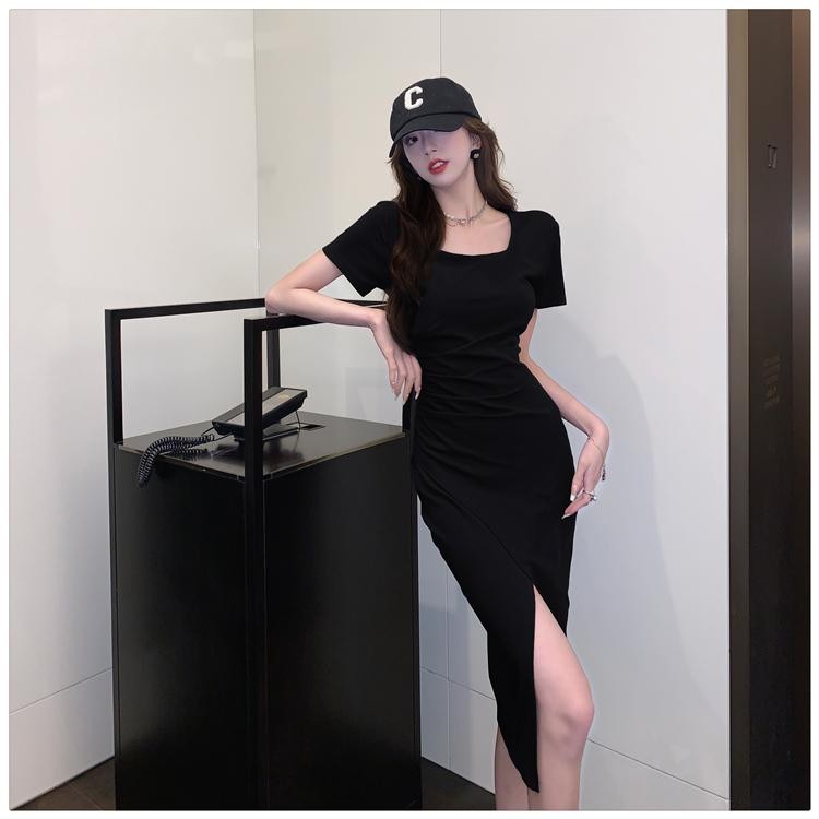 hitam dress korean style wanita midi dress terbaru 2024 big size formal  black Lengan Pendek  Dress