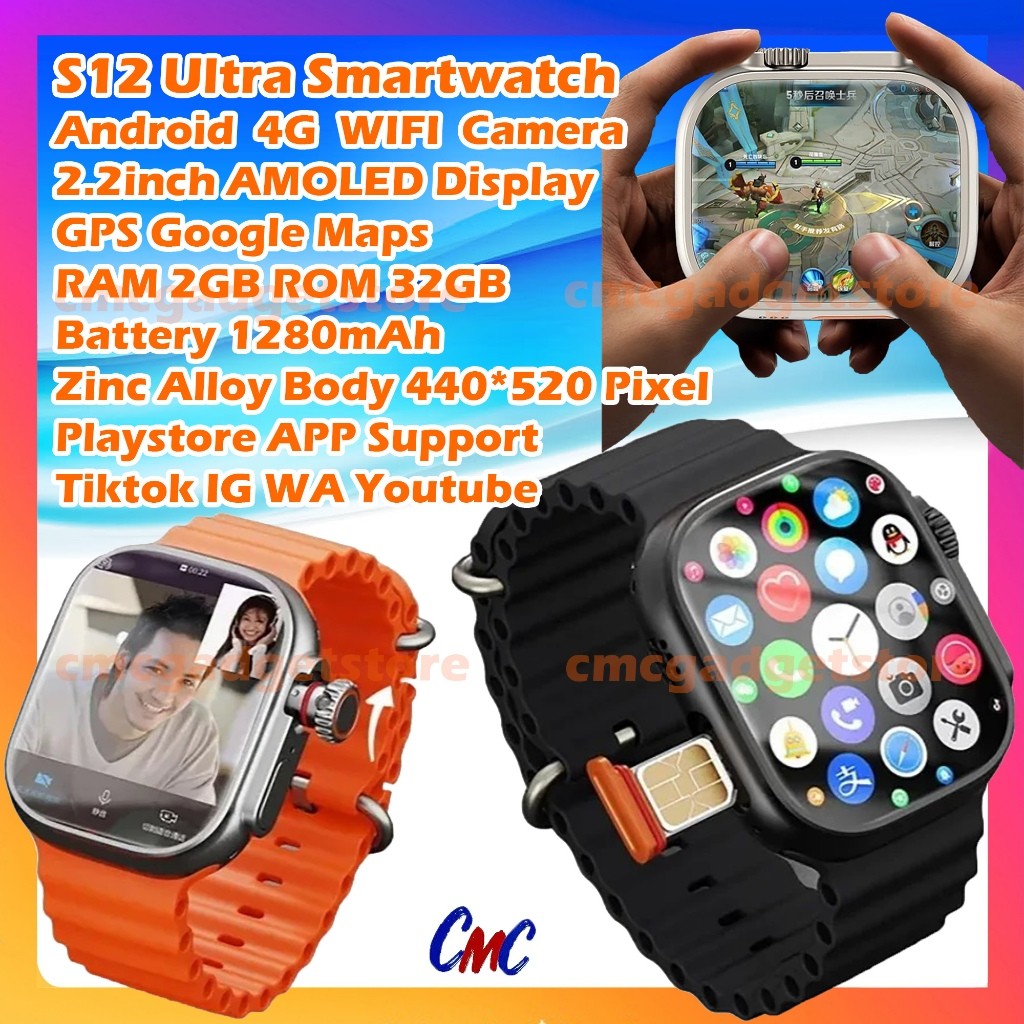 S12 Ultra Smartwatch Pro Max 4G Wifi Android Playstore AMOLED Watch Pria Wanita Upgrade S8 S9 Ultra