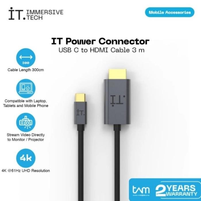 Kabel USB Type C to HDMI 3M 3 Meter 4K 60Hz USB C to HDMI Adapter Converter Cable IT Power For Lapto
