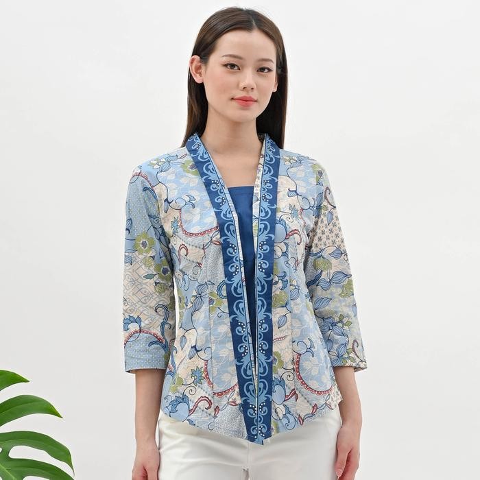 Atasan Batik Wanita Lengan 3/4 - Blouse Batik Warna Biru - Baju Kerja & Casual Look