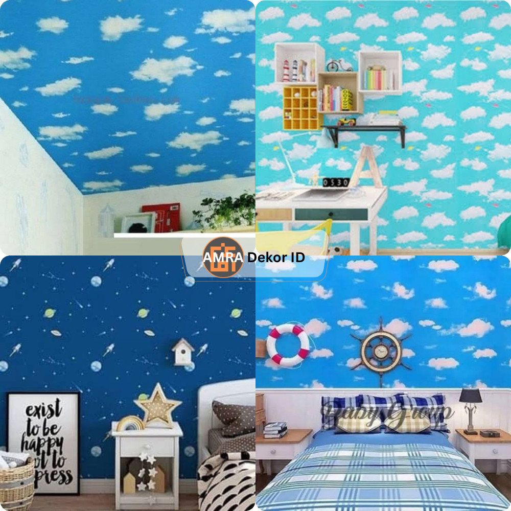 Wallpaper Plafon & Dinding Awan Planet Pesawat Biru Tua Muda GH144 GH001 GH141 CY1102