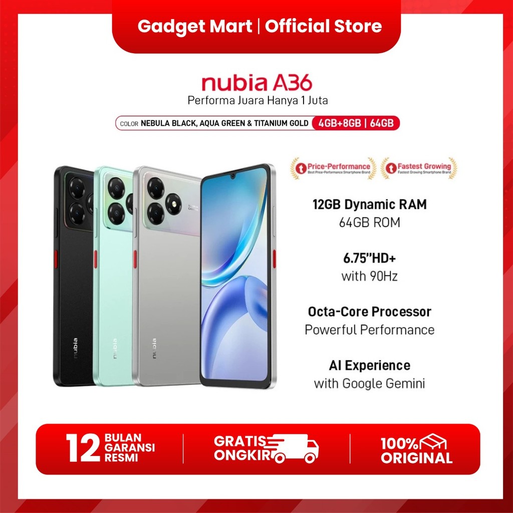 ZTE Nubia A36 RAM 12 (4+8)  ROM 64GB - Garansi Resmi