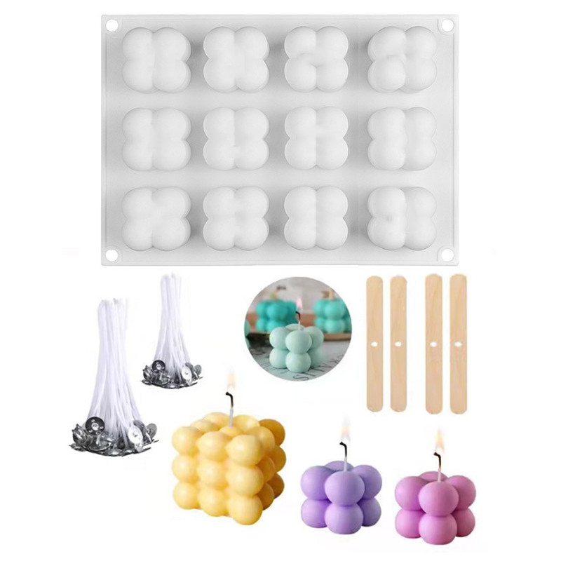 

12 Cavities Silicone Candle Plaster Mould 3D Cube Square Bubble DIY Non-stick Kitchen Dessert Cake Tray Oven Safe Cake Molds